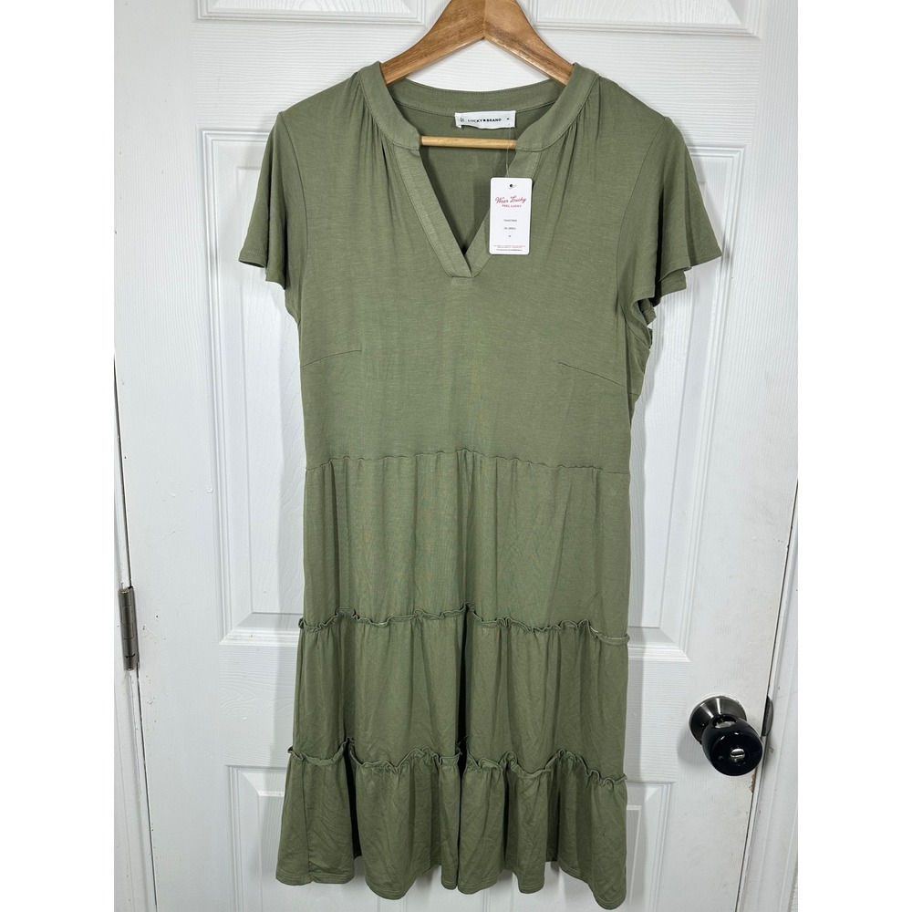 Lucky Brand Dress Womens Medium Green Tiered Knit V-Neck Short Sleeve YS4K51780R